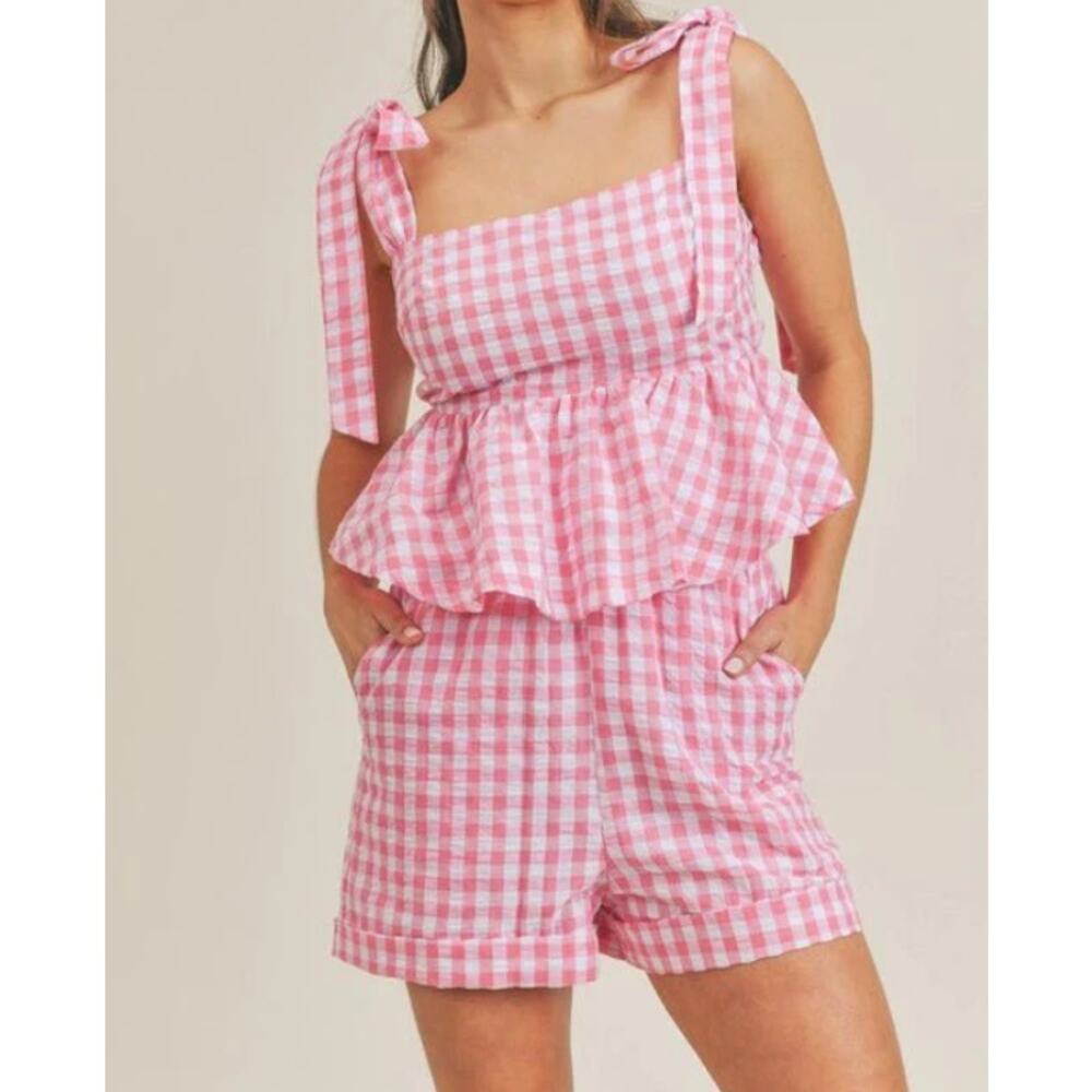 &merci Gingham Plaid Ruffled Top & Shorts Set Womens S Pink White